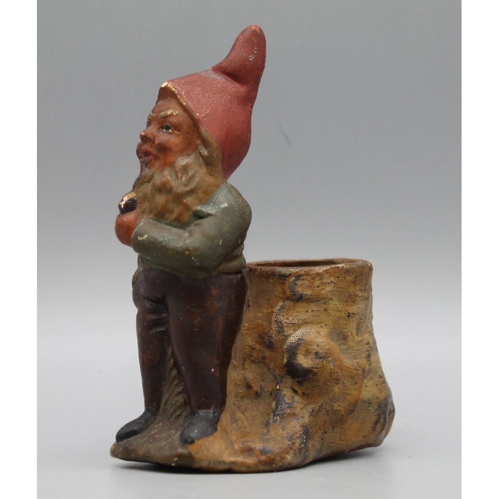 Vintage German Red Pottery Gnome Tree Stump Planter Figurine Hand Painted 5"